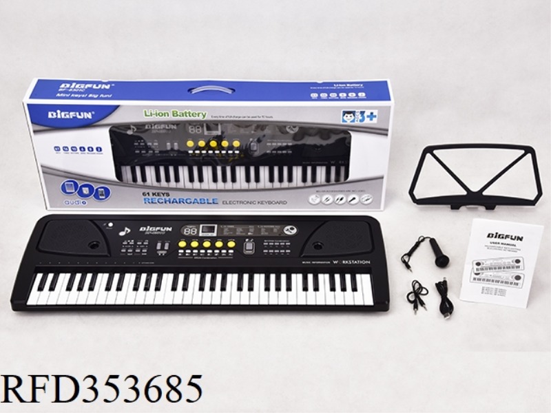 61 KEYBOARD WITH MICROPHONE/AUDIO CABLE /USB POWER CORD/INSTRUCTION MANUAL/MUSIC SHELF
