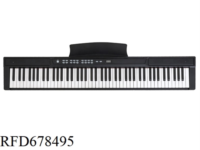 88-KEY BLACK ELECTRONIC KEYBOARD + CHARGER + SHEET MUSIC STAND + FOOTRESTS