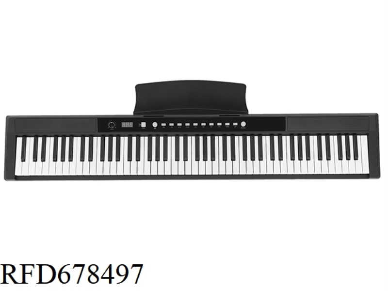 88-KEY BLACK ELECTRONIC KEYBOARD + CHARGER + SHEET MUSIC STAND + FOOTRESTS