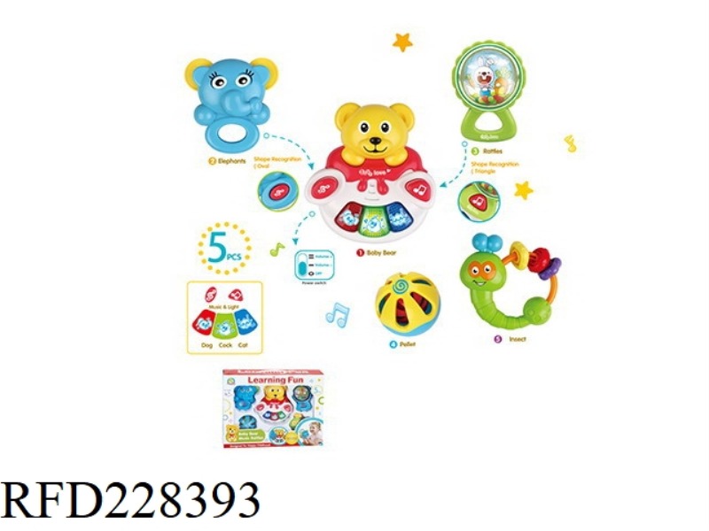 MUSIC BEAR BABY RATTLE WITH LIGHT AND ANIMAL SOUND 5PCS