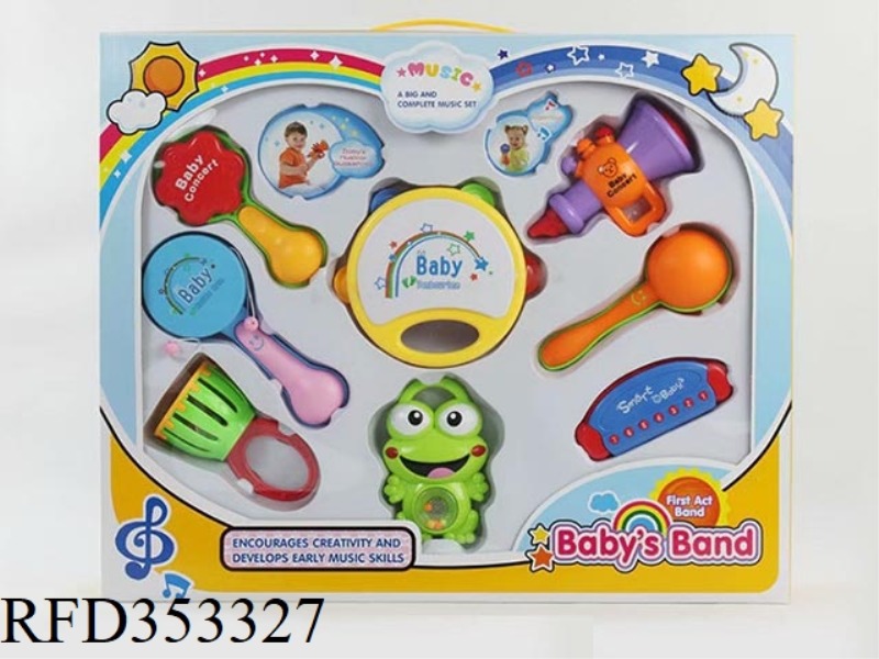 EIGHT-PIECE RATTLE SET + PLASTIC ROUND TAMBOURINE