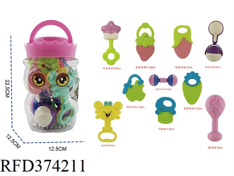BABY OWL CANNED RATTLE 10 PIECE SET WITH 5 TEETHER