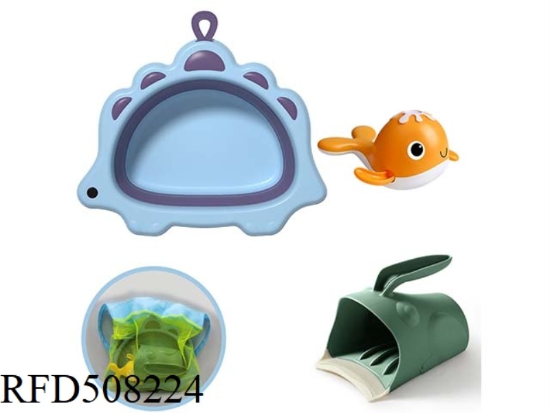 BABY BATH 3 PIECE SET (FOLDING DINOSAUR BASIN + LADLE + SWIMMING WHALE)
