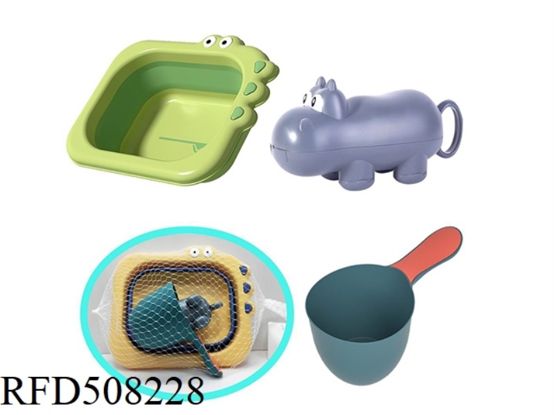 CROCODILE BATHROOM SPLASHING 3-PIECE SET (FOLDING CROCODILE BASIN + LADLE + HIPPOPOTAMUS)