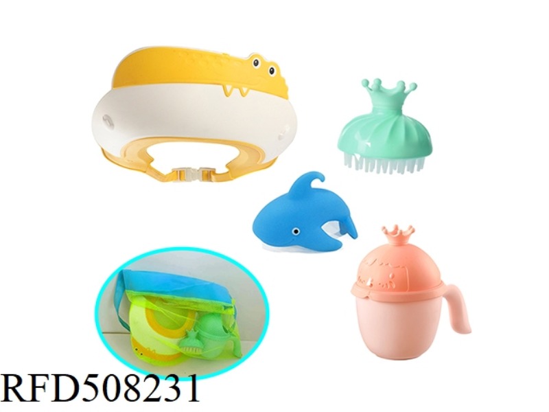 BATH COMBINATION 4 SETS (SHAMPOO CUP + BATH BRUSH + ENAMELED SHARK + BATH CAP)