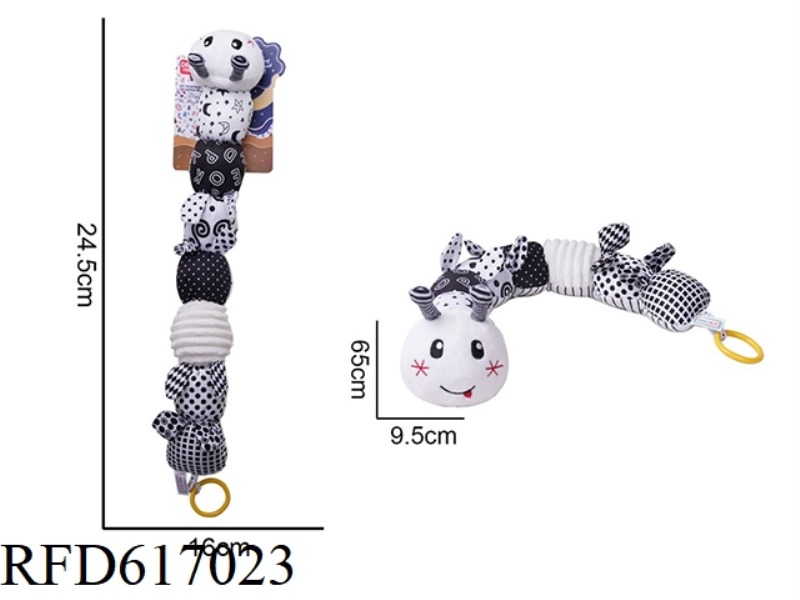 PLUSH BLACK AND WHITE CATERPILLAR RINGING PAPER RATTLE TEETH GLUE SOOTHING TOY