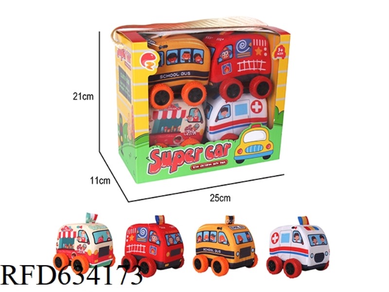 CLOTH CARTOON PULL-BACK CAR 4 ONLY