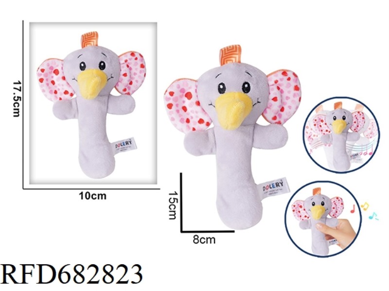 THE ELEPHANT HOLDS A RATTLE, A BB STICK AND A PLUSH SOOTHING TOY