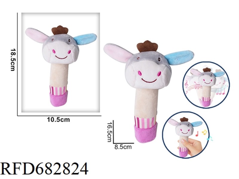 THE LITTLE DONKEY IS HOLDING A RATTLE, A BB STICK AND A PLUSH SOOTHING TOY