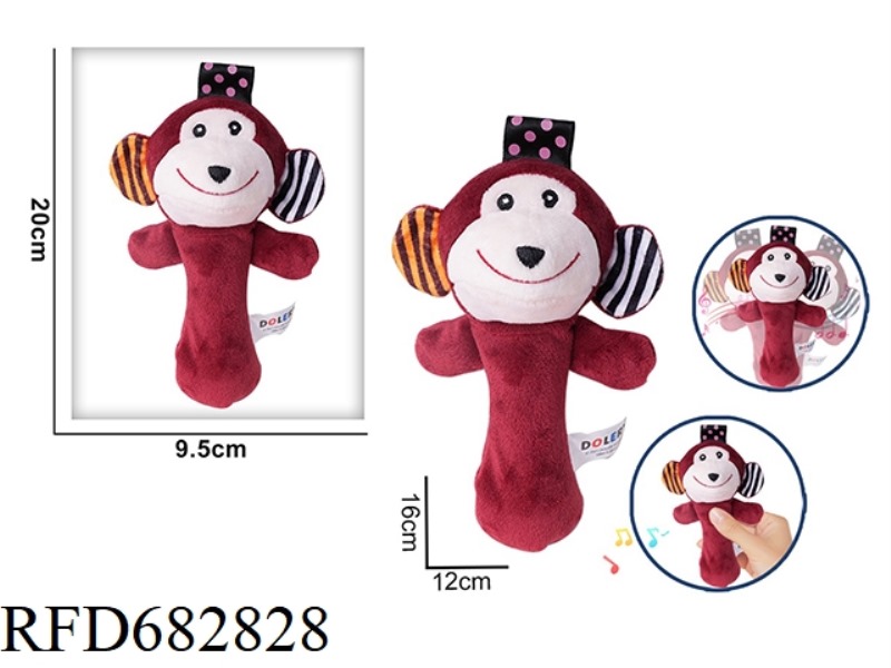 THE LITTLE MONKEY IS HOLDING A RATTLE BB STICK AND PINCHING A PLUSH SOOTHING TOY