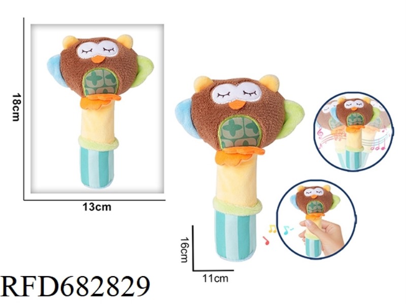 AN OWL HOLDS A RATTLE, A BB STICK AND A PLUSH SOOTHING TOY