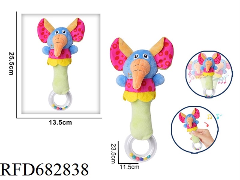 A COLORFUL ELEPHANT HOLDS A RATTLE, A BB STICK AND A PLUSH SOOTHING TOY
