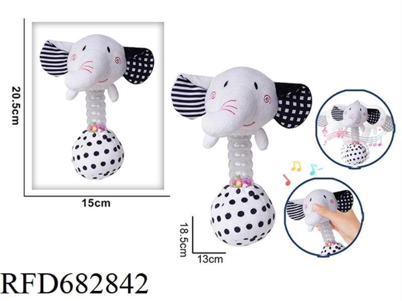 A BLACK AND WHITE ELEPHANT HOLDS A RATTLE, A BB STICK, AND A PLUSH SOOTHING TOY