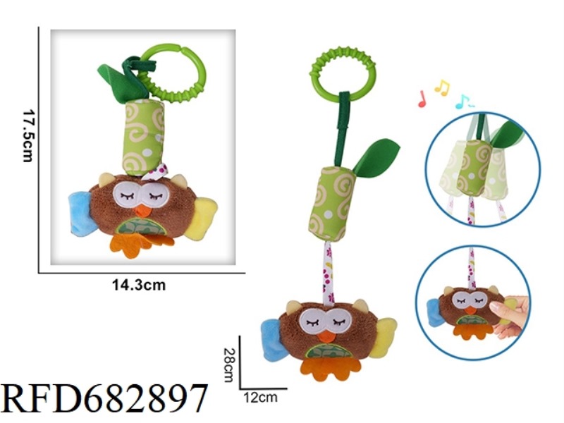 THE PLUSH ANIMAL OWL BED IS EQUIPPED WITH WIND CHIMES AS A SOOTHING TOY