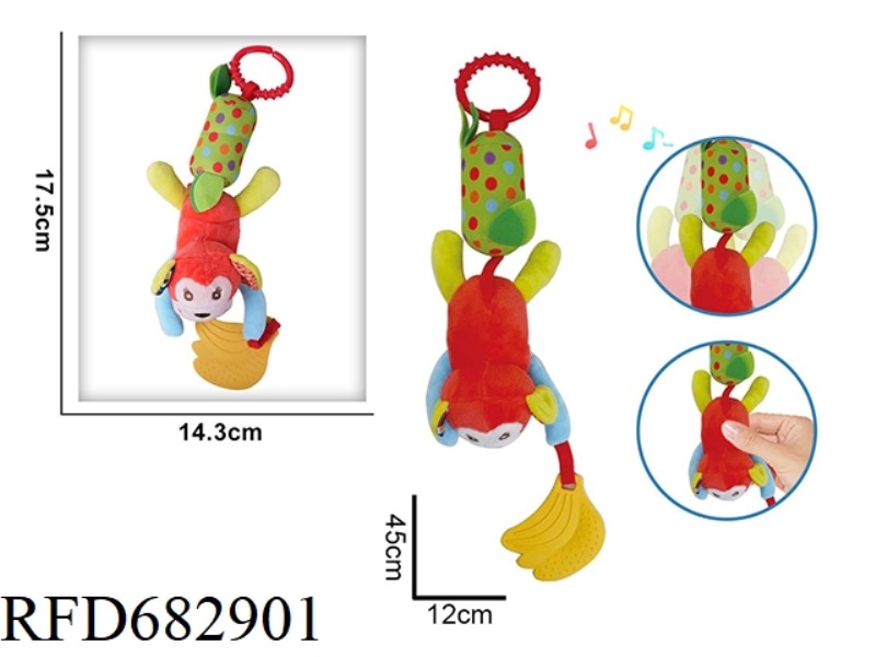 A PLUSH ANIMAL MONKEY BED WITH A WIND CHIME AS A SOOTHING TOY