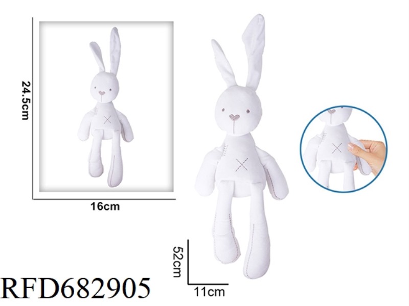 THE WHITE LONG-LEGGED RABBIT SOOTHES THE PLUSH TOY