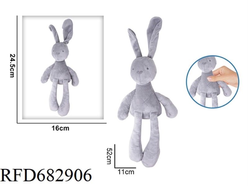 THE GREY LONG-LEGGED RABBIT SOOTHES THE PLUSH TOY
