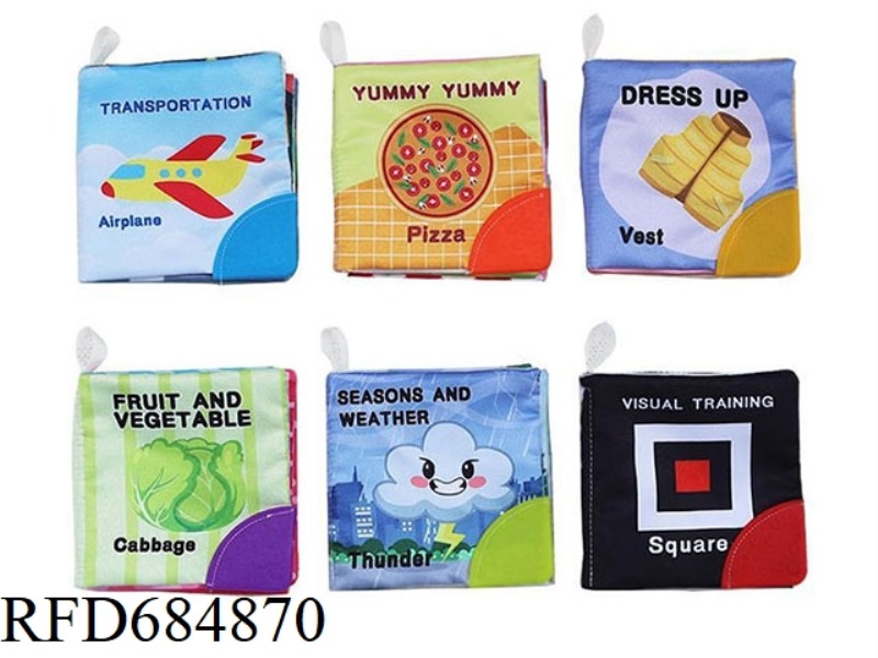 11CM BABY COGNITIVE CLOTH BOOK WITH TEETHING TAPE, POPPING PAPER, BB WHISTLE (5 PAGES, 6 BOOKS)