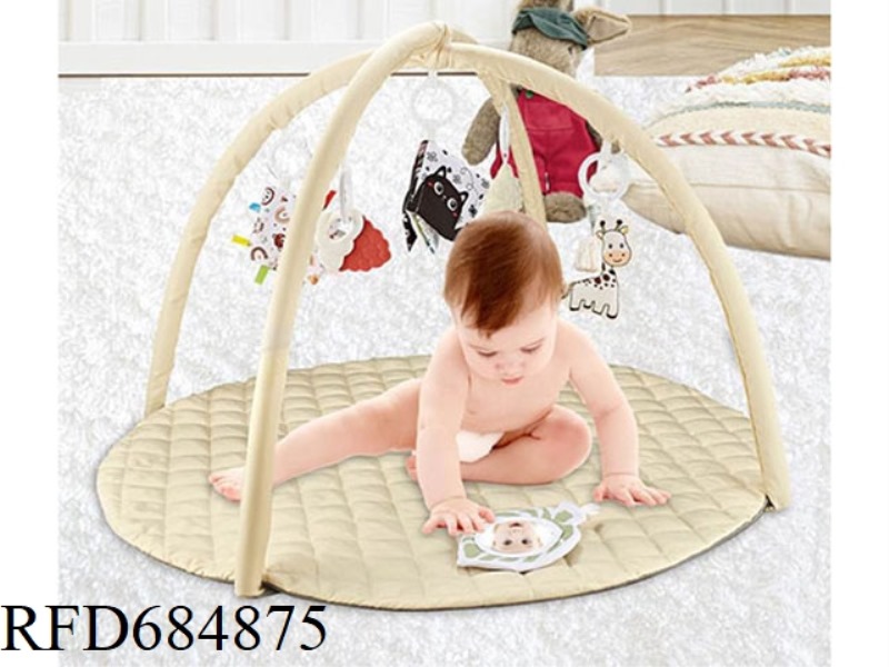 THE YELLOW BABY PLAY MAT IS EQUIPPED WITH SIX DETACHABLE HANGERS
