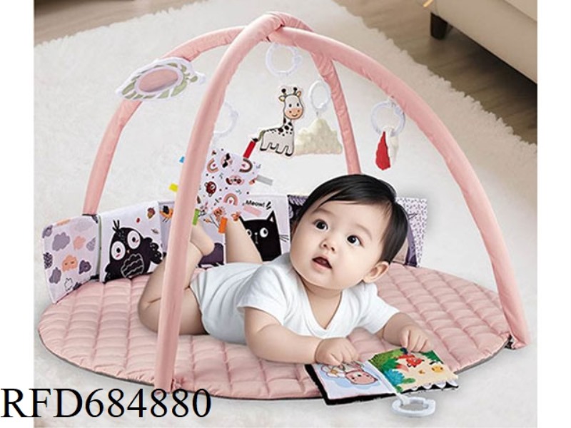 THE PINK BABY PLAY MAT COMES WITH SIX DETACHABLE HANGERS AND A DOUBLE-SIDED MULTI-FUNCTIONAL BED COV