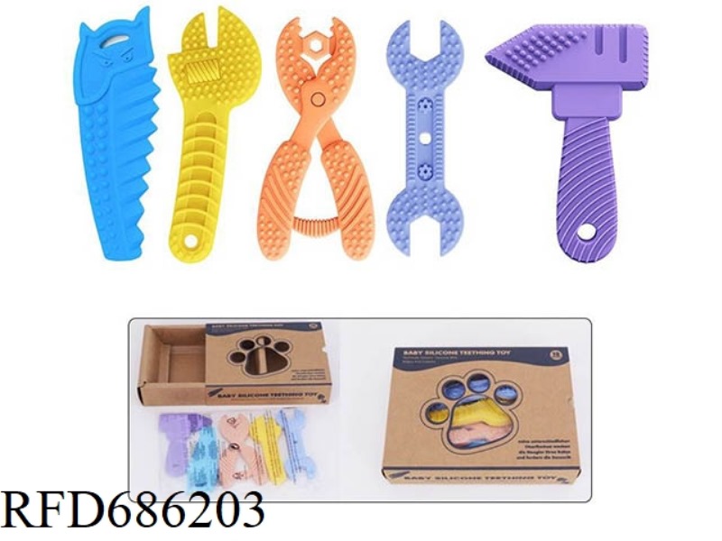 A SET OF 5 SILICONE BABY TEETHING AND BITING TOOLS