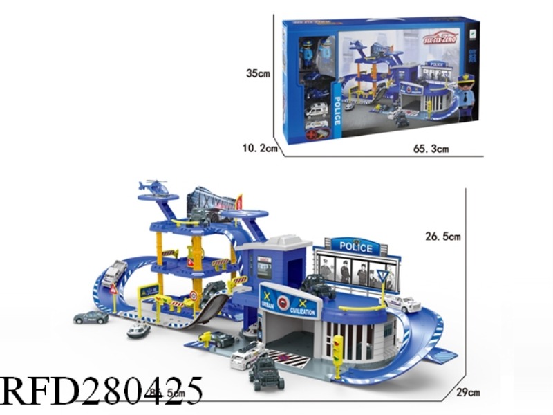 POLICE ALLOY CAR PARK SET (WITH 2 CHARACTERS 2 CARS 1 AIRCRAFT 1 MOTORCYCLES)