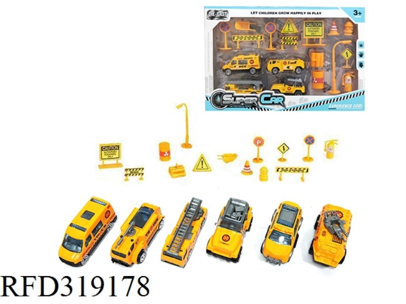 1:64 ALLOY ENGINEERING VEHICLE TAXI + ROAD SIGN (6 MIXED)
