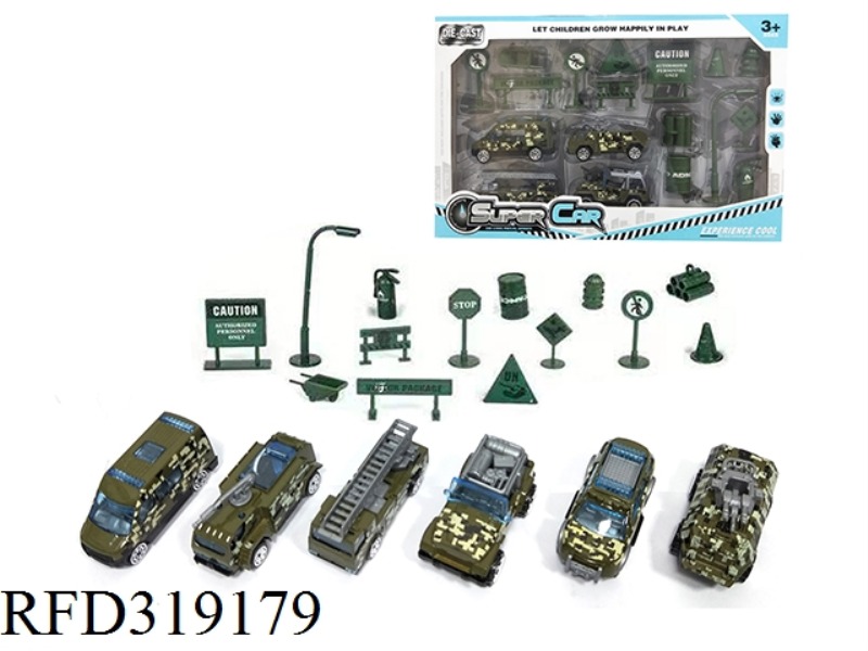 1:64 ALLOY MILITARY TAXI + ROAD SIGN (6 MIXED)