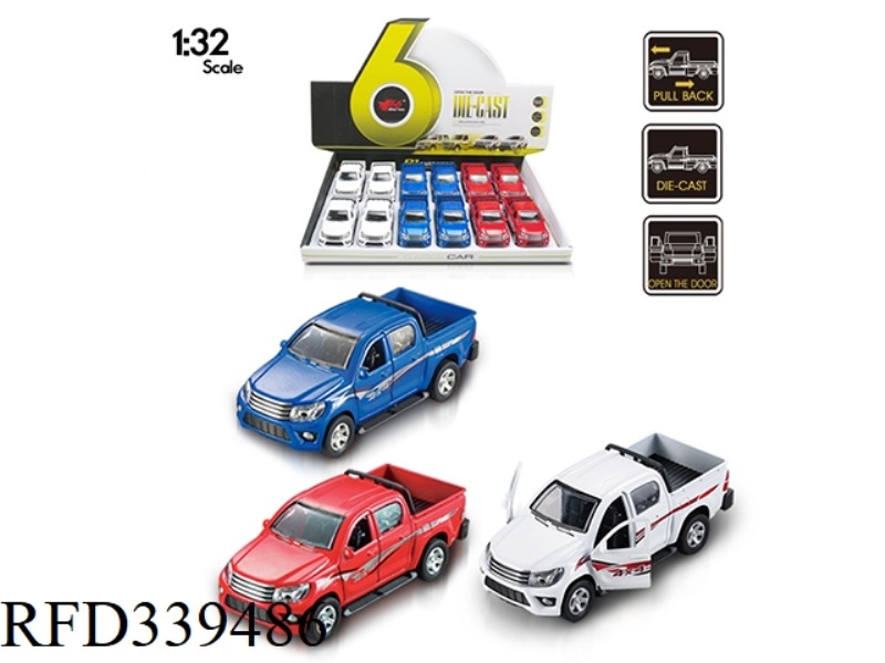 1:32 TOYOTA FOUR-DOOR PICKUP TRUCK ALLOY PULL BACK 2 DOOR CAR 1 THREE-COLOR 12PCS