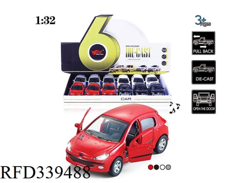 1:32 PEUGEOT (206) TWO-DOOR ALLOY PULL BACK CAR WITH LIGHT AND MUSIC 1 FOUR-COLOR 12PCS