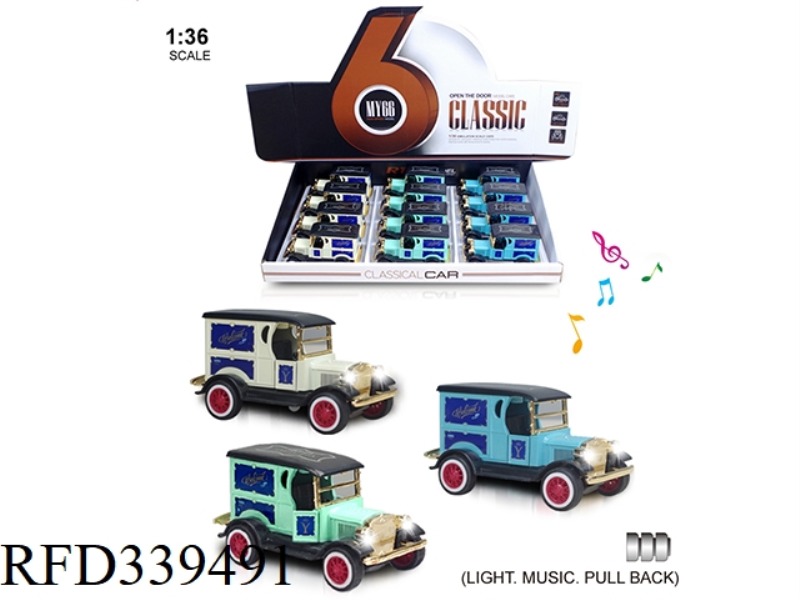 1:36 Q VERSION OF FORD MODEL T 2 DOOR PULL BACK WITH LIGHT AND MUSIC ALLOY CAR 1 3 COLORS MIXED 12PC
