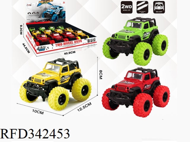 1:30 WRANGLER CONVERTIBLE BIGFOOT ALLOY CAR WITH FRONT AND REAR SHOCK ABSORBERS WITH GRAFFITI 12PCS