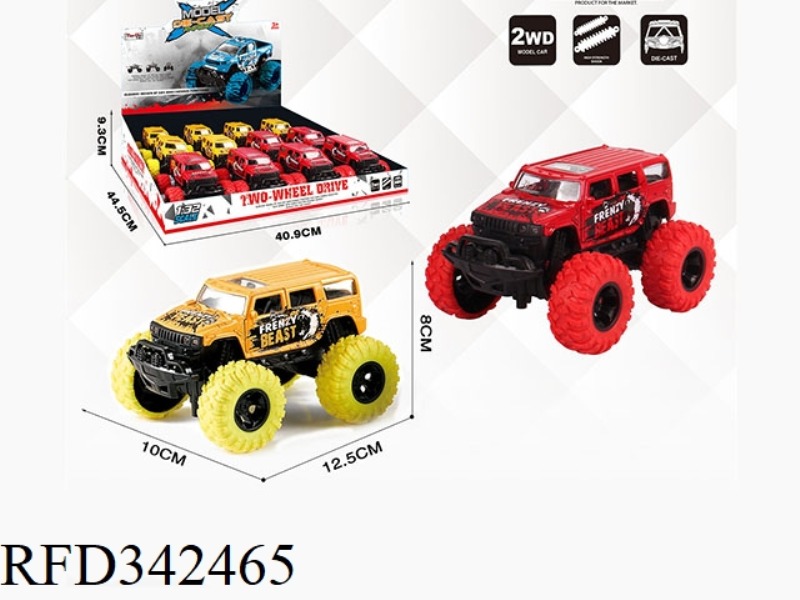 1:30 FOUR-WHEELED HUMMER PULL BACK BIGFOOT ALLOY CAR WITH FRONT AND REAR SHOCK ABSORBERS WITH GRAFFI