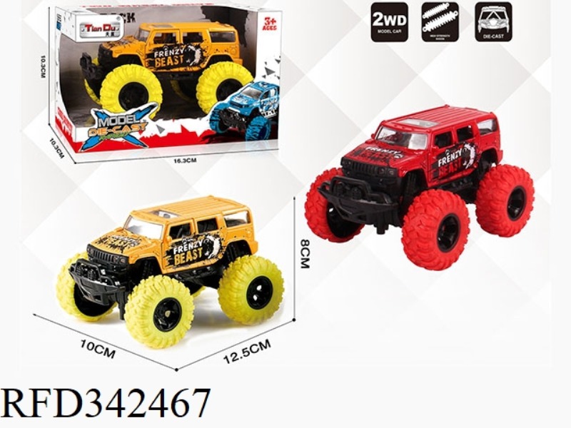 1:30 FOUR-WHEELED HUMMER PULL BACK BIGFOOT ALLOY CAR WITH FRONT AND REAR SHOCK ABSORBERS WITH GRAFFI