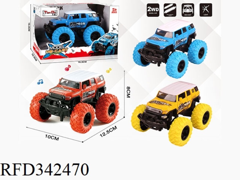 1:30 TOYOTA FJ PULL BACK BIGFOOT ALLOY CAR WITH FRONT AND REAR SHOCK ABSORBERS WITH GRAFFITI AND MUS