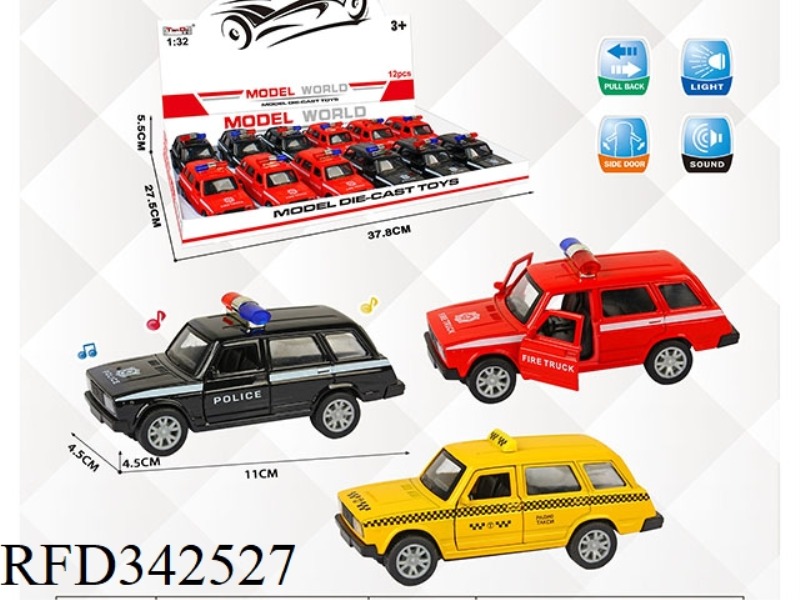 1:32 SIMULATION PULL BACK ALLOY CAR TWO-DOOR FERRARI LADA POLICE CAR WITH LIGHT AND MUSIC 12PCS