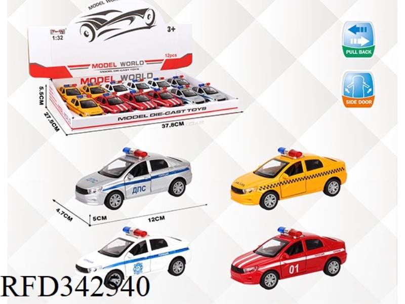 1:32 SIMULATION RUSSIAN SEDAN POLICE CAR, PULL BACK ALLOY CAR WITH TWO DOORS 12PCS