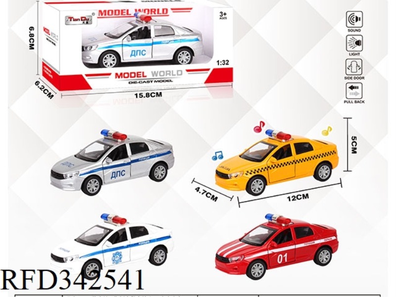 1:32 SIMULATION RUSSIAN POLICE CAR, PULL BACK ALLOY CAR, TWO DOORS WITH LIGHT AND MUSIC