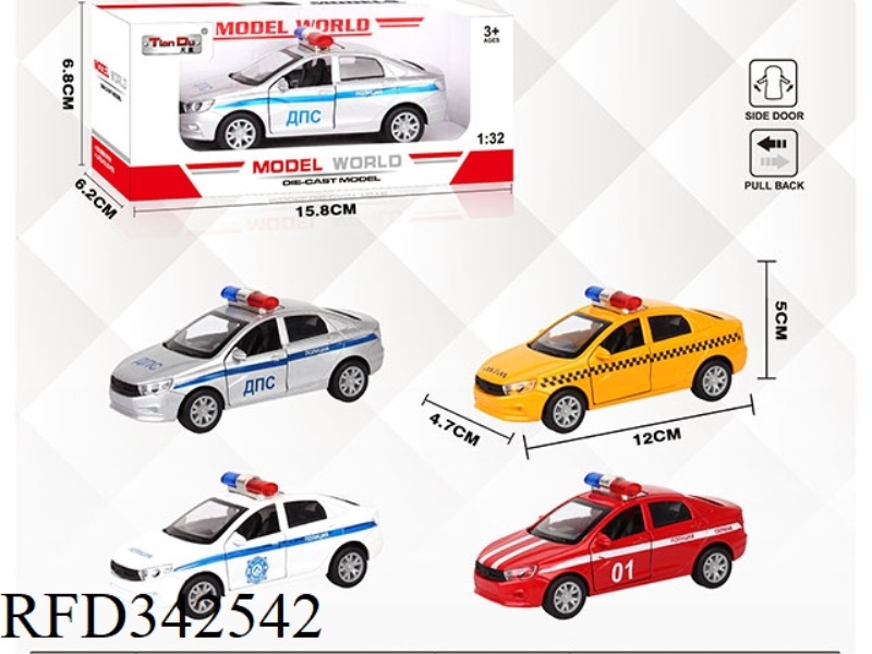 1:32 SIMULATION RUSSIAN SEDAN POLICE CAR, PULL BACK ALLOY CAR WITH TWO DOORS