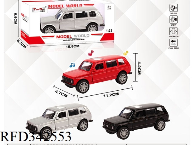 1:32 SIMULATION RUSSIAN OFF-ROAD PULL BACK ALLOY CAR WITH TWO DOORS WITH LIGHT AND MUSIC