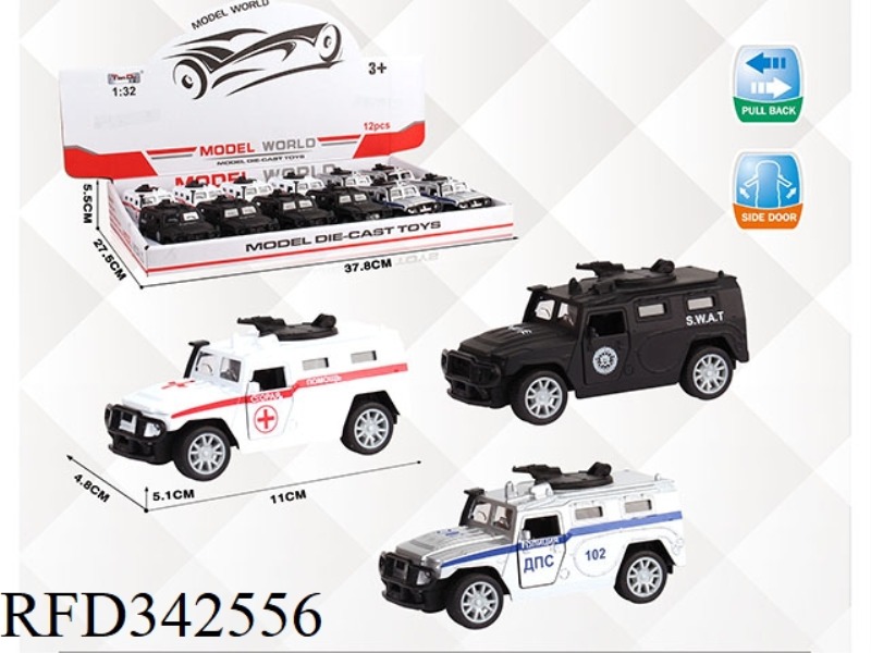 1:32 SIMULATION RUSSIAN MILITARY POLICE CAR, PULL BACK ALLOY CAR WITH TWO DOORS 12PCS