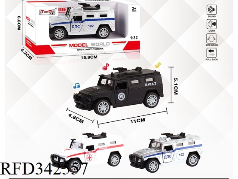 1:32 SIMULATION RUSSIAN MILITARY POLICE CAR, PULL BACK ALLOY CAR WITH TWO DOORS WITH LIGHT AND MUSIC
