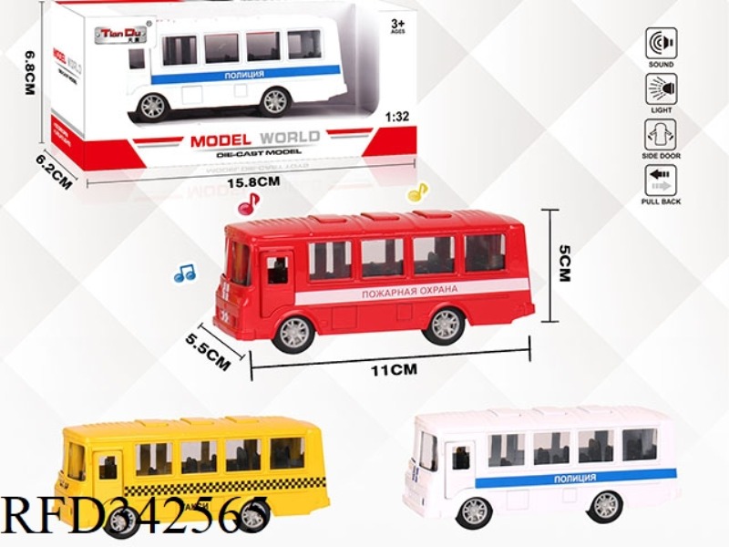 1:32 SIMULATION OF RUSSIAN BUS, PULL BACK ALLOY CAR WITH TWO DOORS WITH LIGHT AND MUSIC