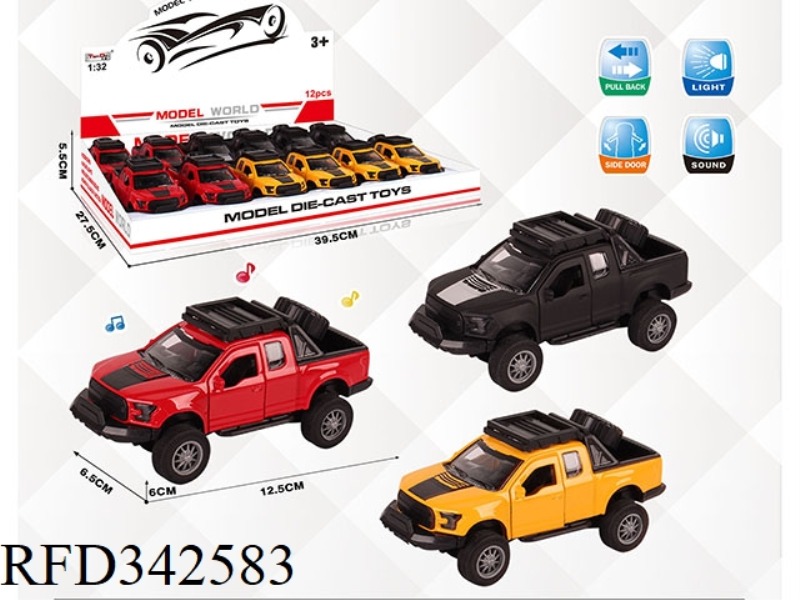 1:32 SIMULATION FORD RAPTOR PULL BACK ALLOY CAR WITH TWO DOORS WITH LIGHT AND MUSIC 12PCS