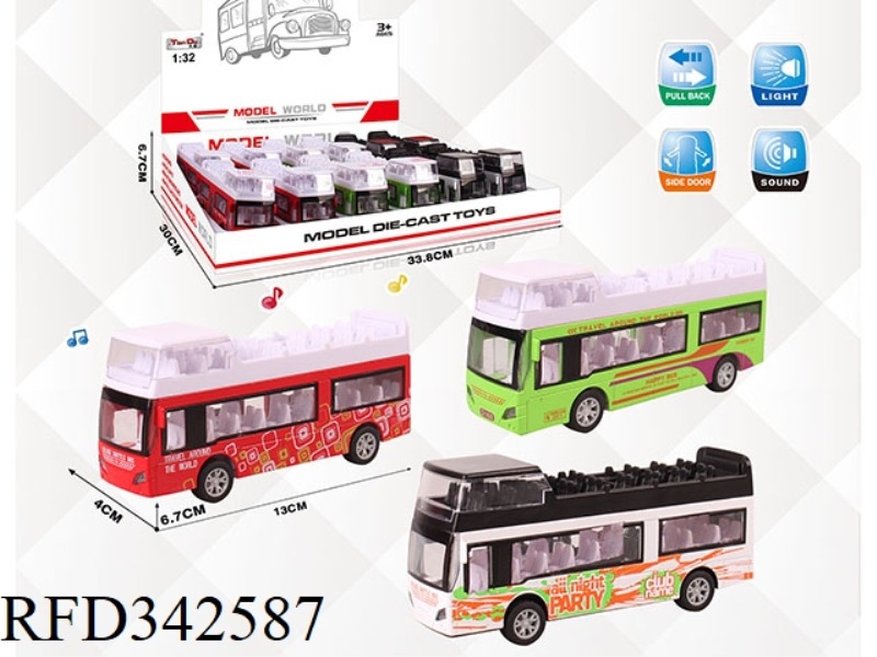 1:32 DOUBLE DOOR PULL BACK ALLOY DOUBLE-DECKER BUS WITH LIGHT AND MUSIC 12PCS