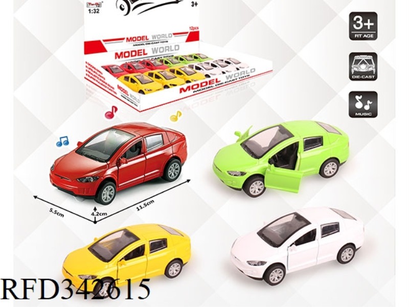 1:32 SIMULATION OF ATLAS PULL BACK ALLOY CAR WITH TWO DOORS WITH LIGHT AND MUSIC 12PCS