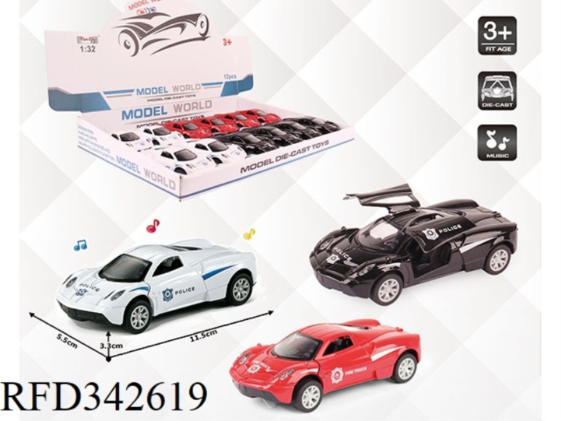 1:32 SIMULATION PAGANI POLICE CAR POLICE CAR PULL BACK ALLOY CAR TWO DOORS WITH LIGHT AND MUSIC 12PC