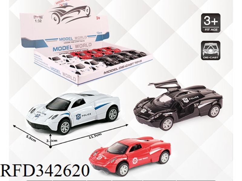 1:32 SIMULATION PAGANI POLICE CAR POLICE CAR PULL BACK ALLOY CAR WITH TWO DOORS 12PCS