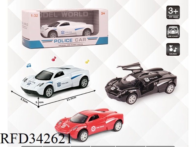 1:32 SIMULATION PAGANI POLICE CAR POLICE CAR PULL BACK ALLOY CAR WITH TWO DOORS WITH LIGHT AND MUSIC