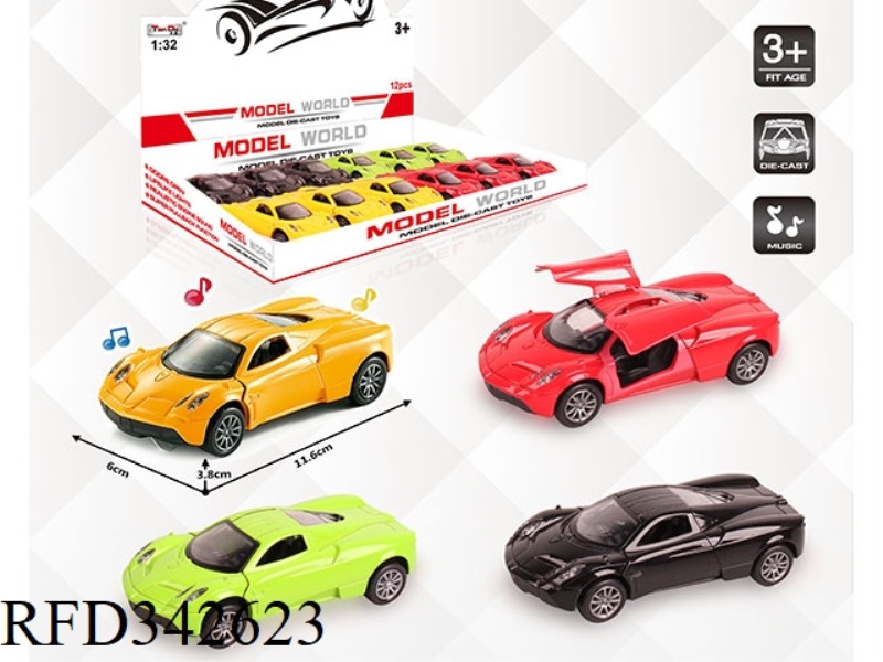1:32 SIMULATION PAGANI PULL BACK ALLOY CAR WITH TWO DOORS WITH LIGHT AND MUSIC 12PCS
